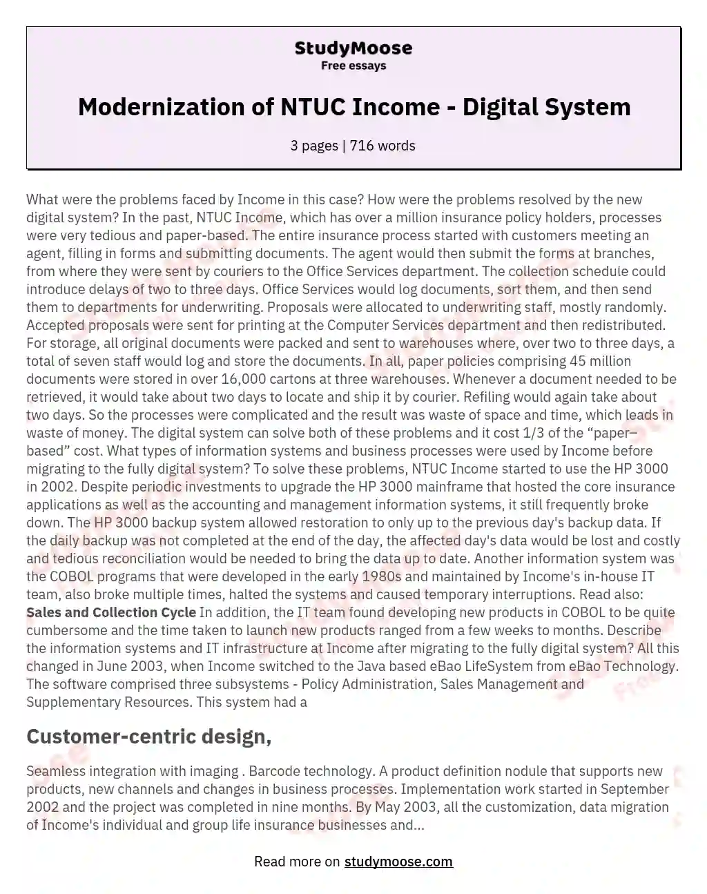 Modernization of NTUC Income - Digital System essay
