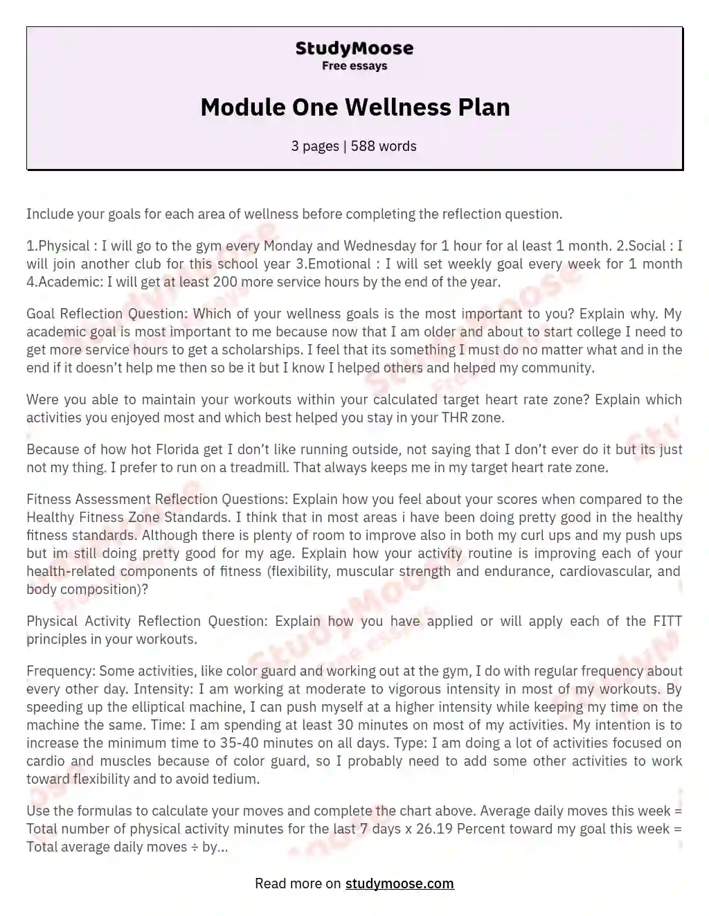 Module One Wellness Plan essay