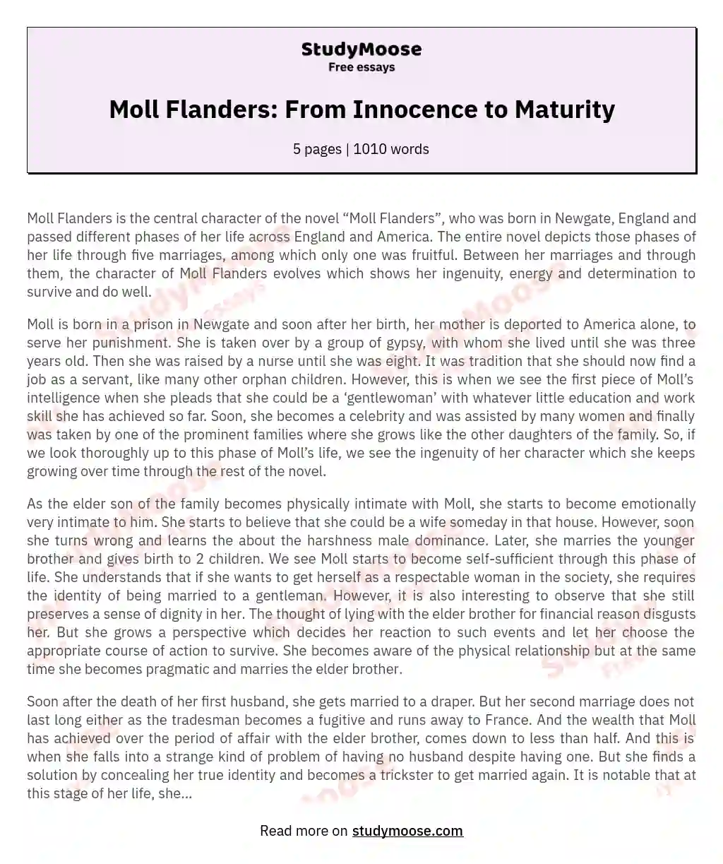 Moll Flanders: From Innocence to Maturity