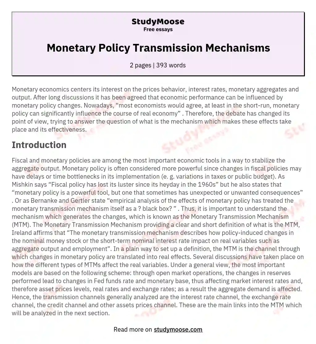 Monetary Policy Transmission Mechanisms essay