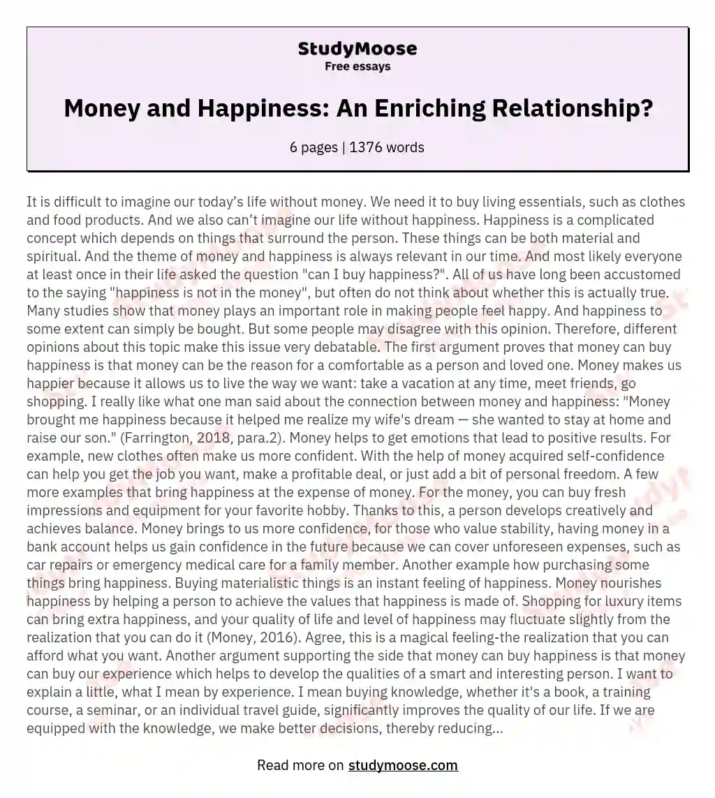 Money and Happiness: An Enriching Relationship? essay