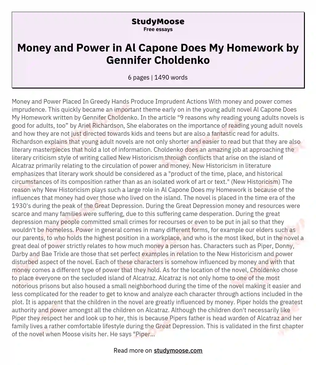 Money and Power in Al Capone Does My Homework by Gennifer Choldenko essay