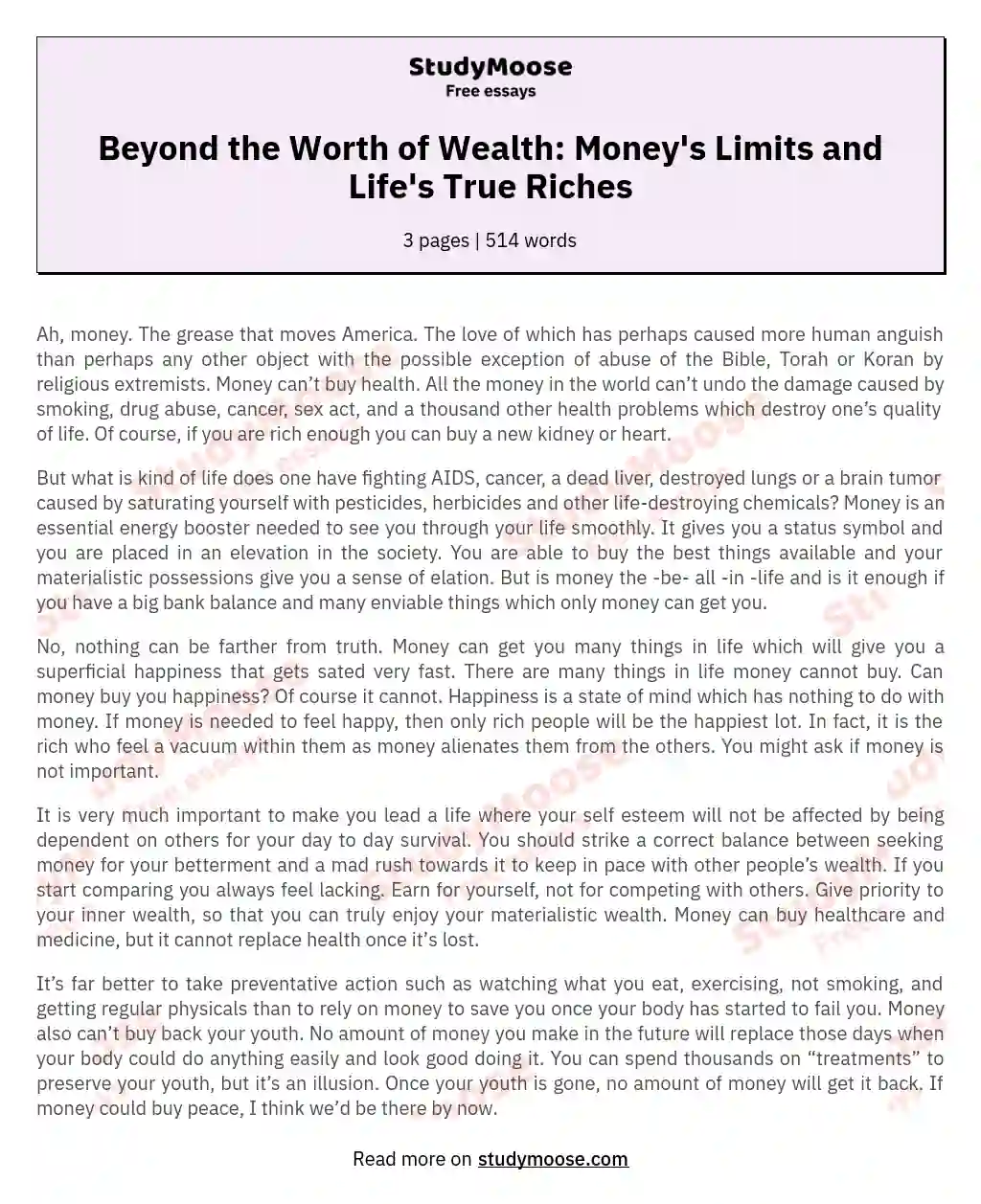Beyond the Worth of Wealth: Money's Limits and Life's True Riches essay
