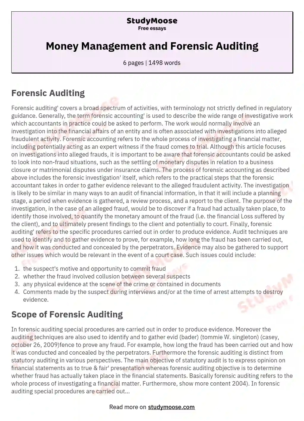 Money Management and Forensic Auditing essay