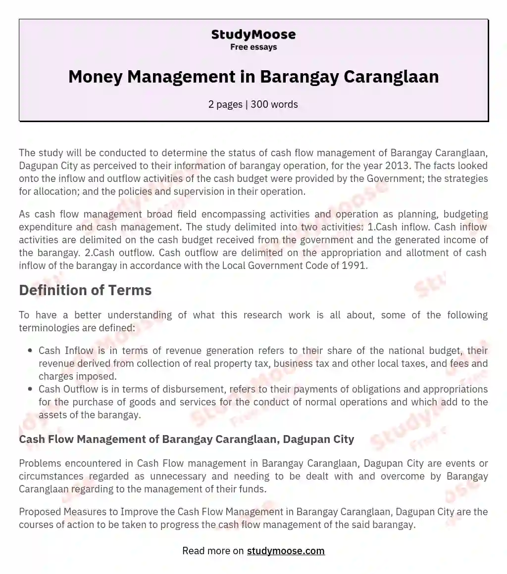 Money Management in Barangay Caranglaan
