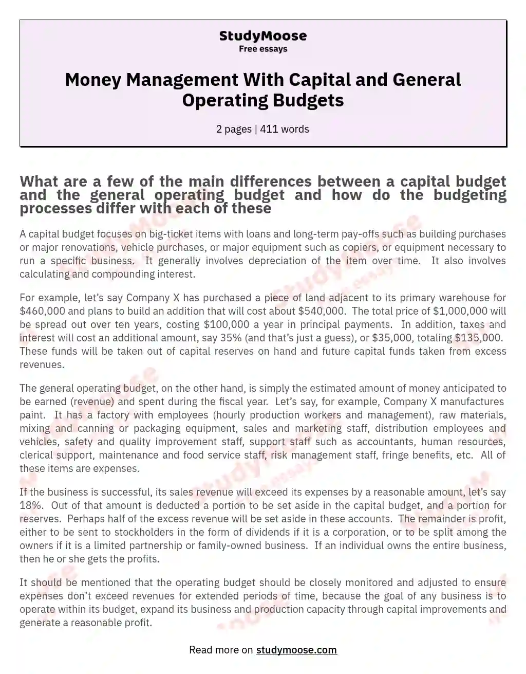 Money Management With Capital and General Operating Budgets essay