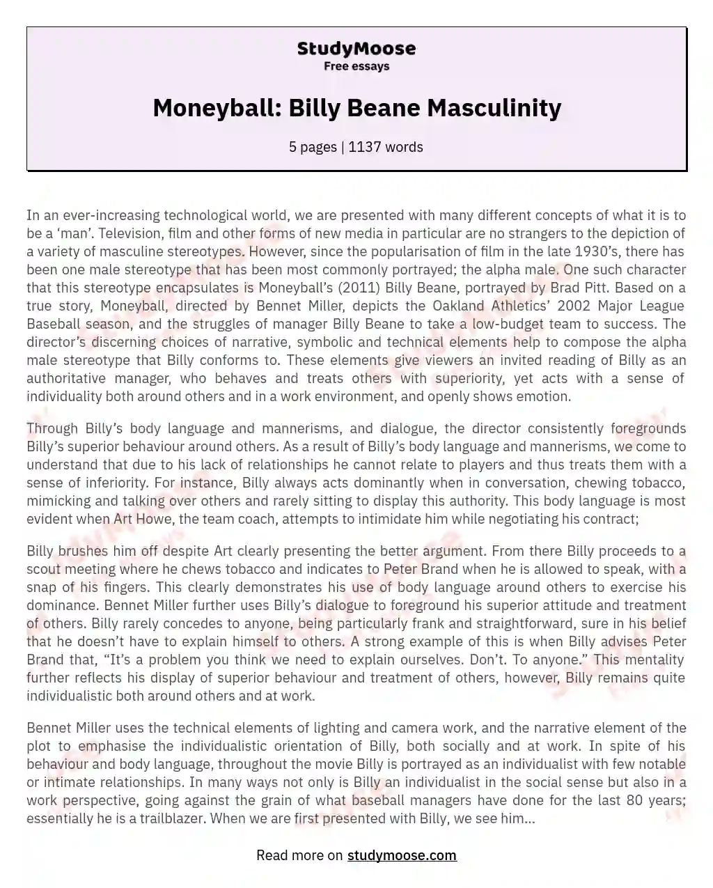 Moneyball: Billy Beane Masculinity essay