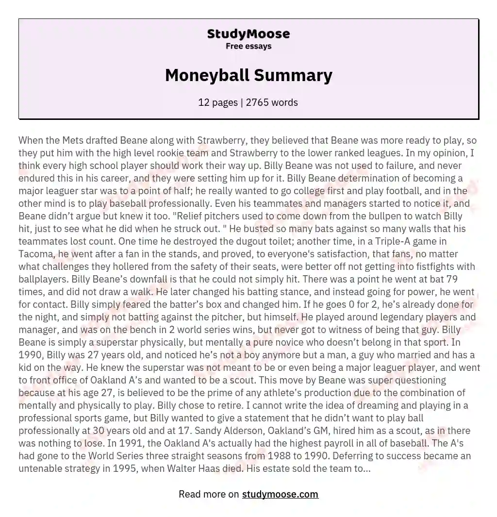 Moneyball Summary essay