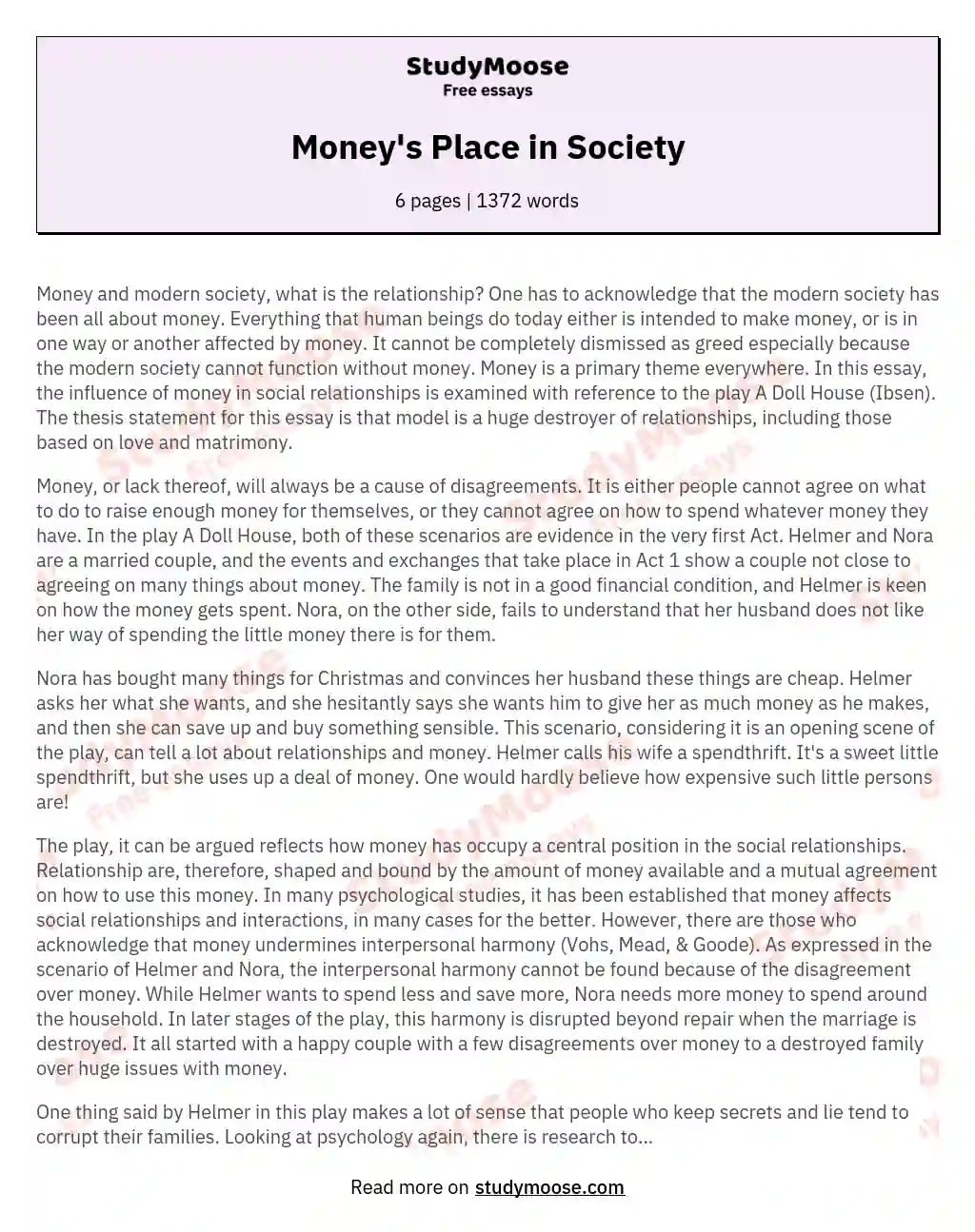 Money's Place in Society essay