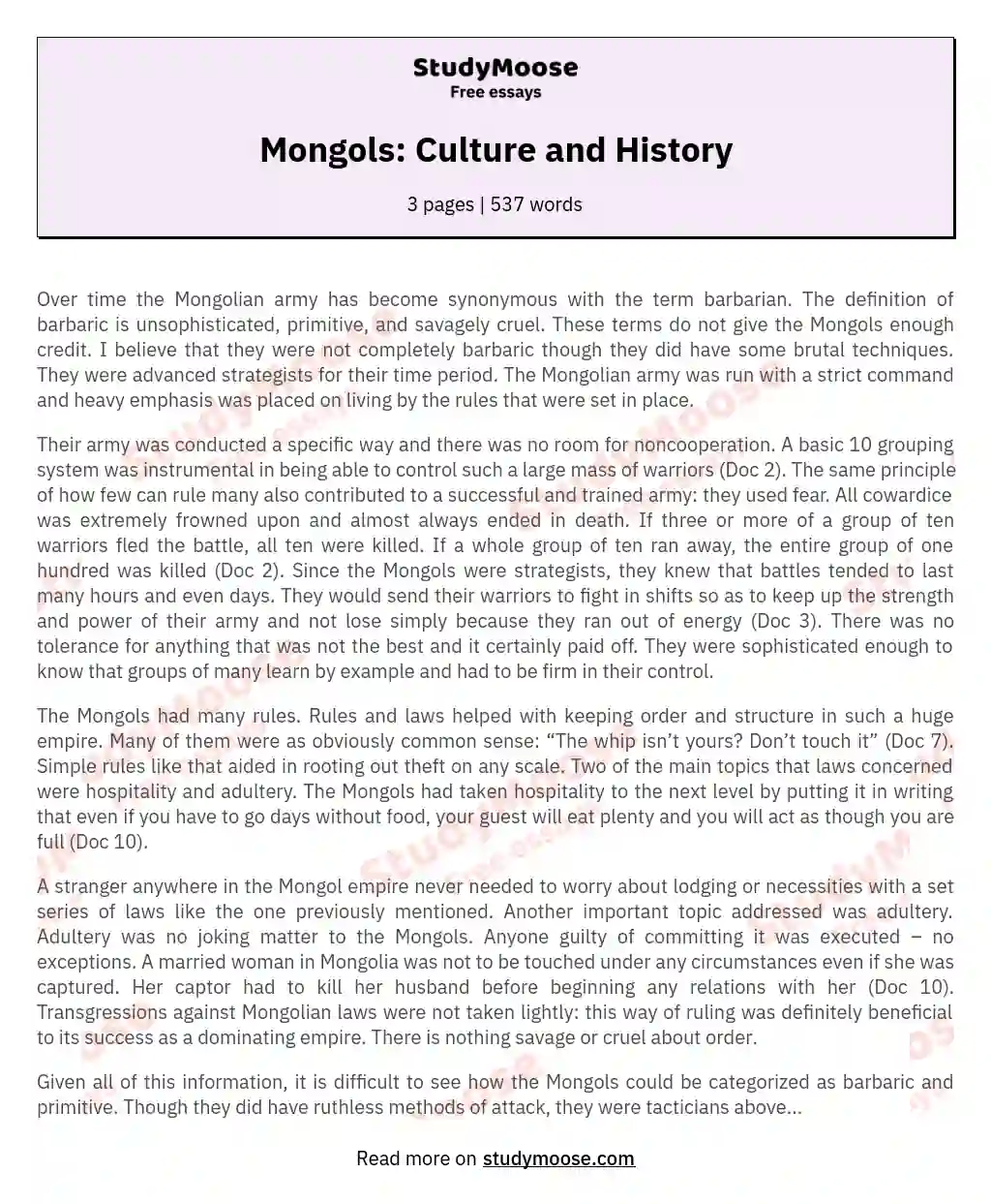 Mongols: Culture and History essay
