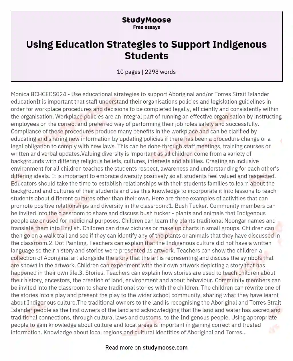 Using Education Strategies to Support Indigenous Students essay