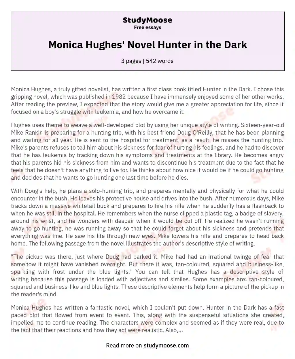 Monica Hughes' Novel Hunter in the Dark essay