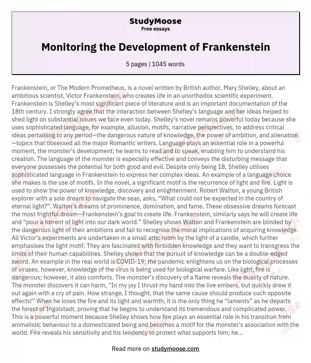 Monitoring the Development of Frankenstein essay