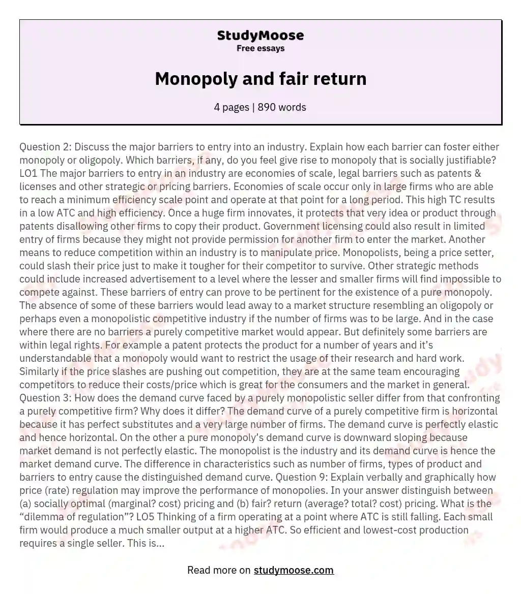 Monopoly and fair return essay