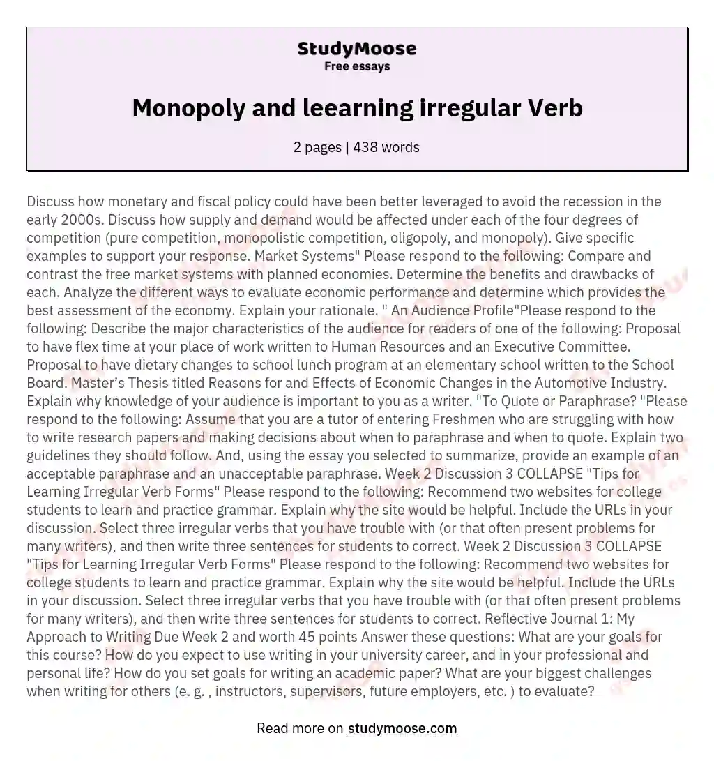 Monopoly and leearning irregular Verb essay