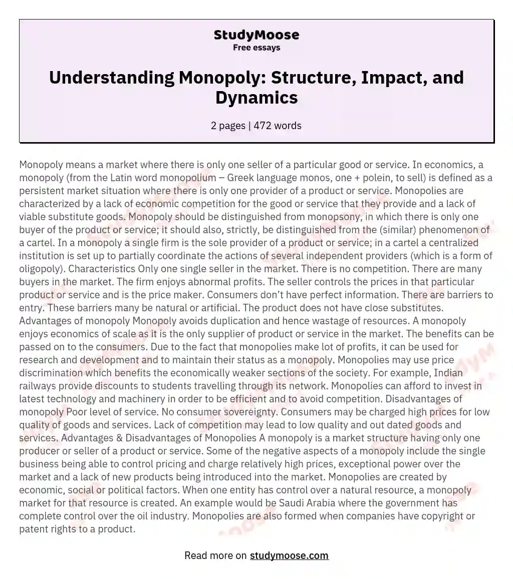 Understanding Monopoly: Structure, Impact, and Dynamics essay