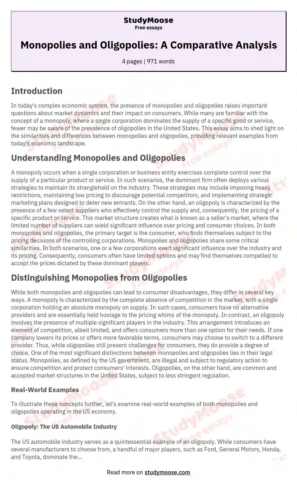 Monopolies and Oligopolies: A Comparative Analysis essay