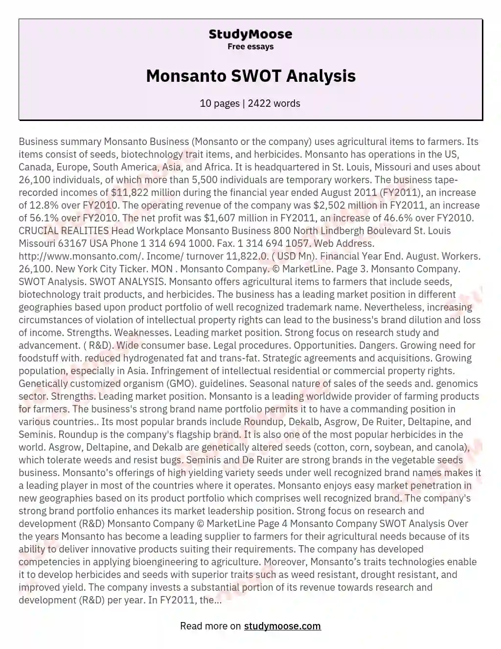 Monsanto SWOT Analysis essay