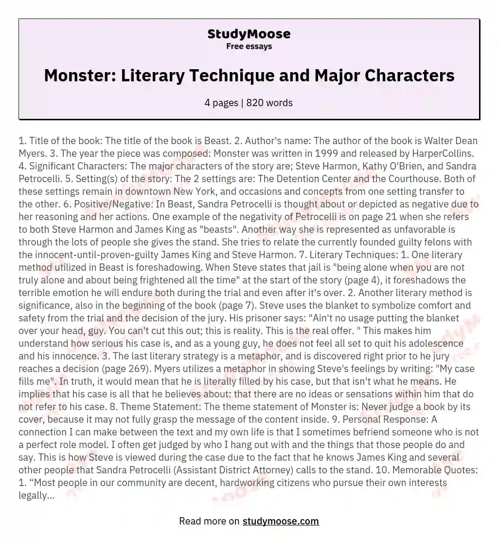 Monster: Literary Technique and Major Characters essay