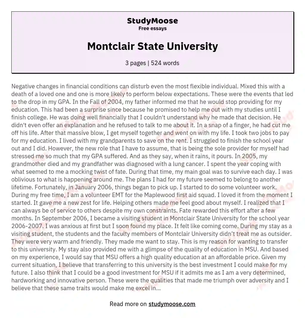 Montclair State University essay