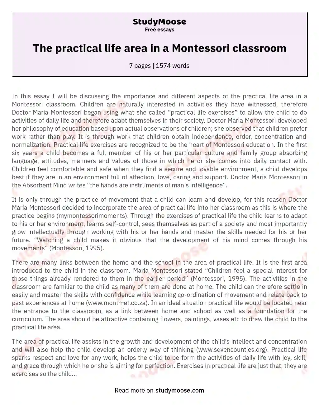 The practical life area in a Montessori classroom essay