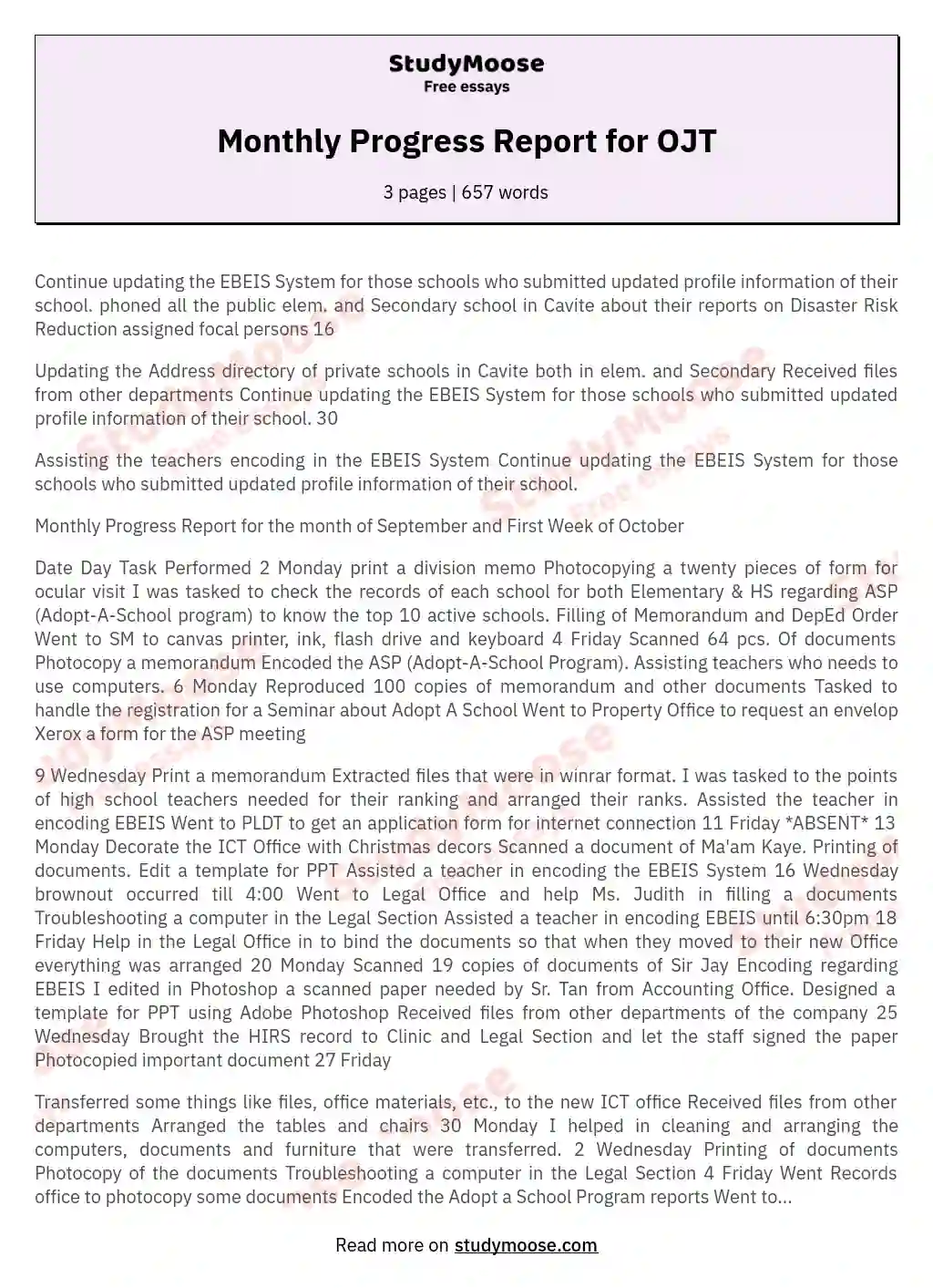Monthly Progress Report For OJT Free Essay Example