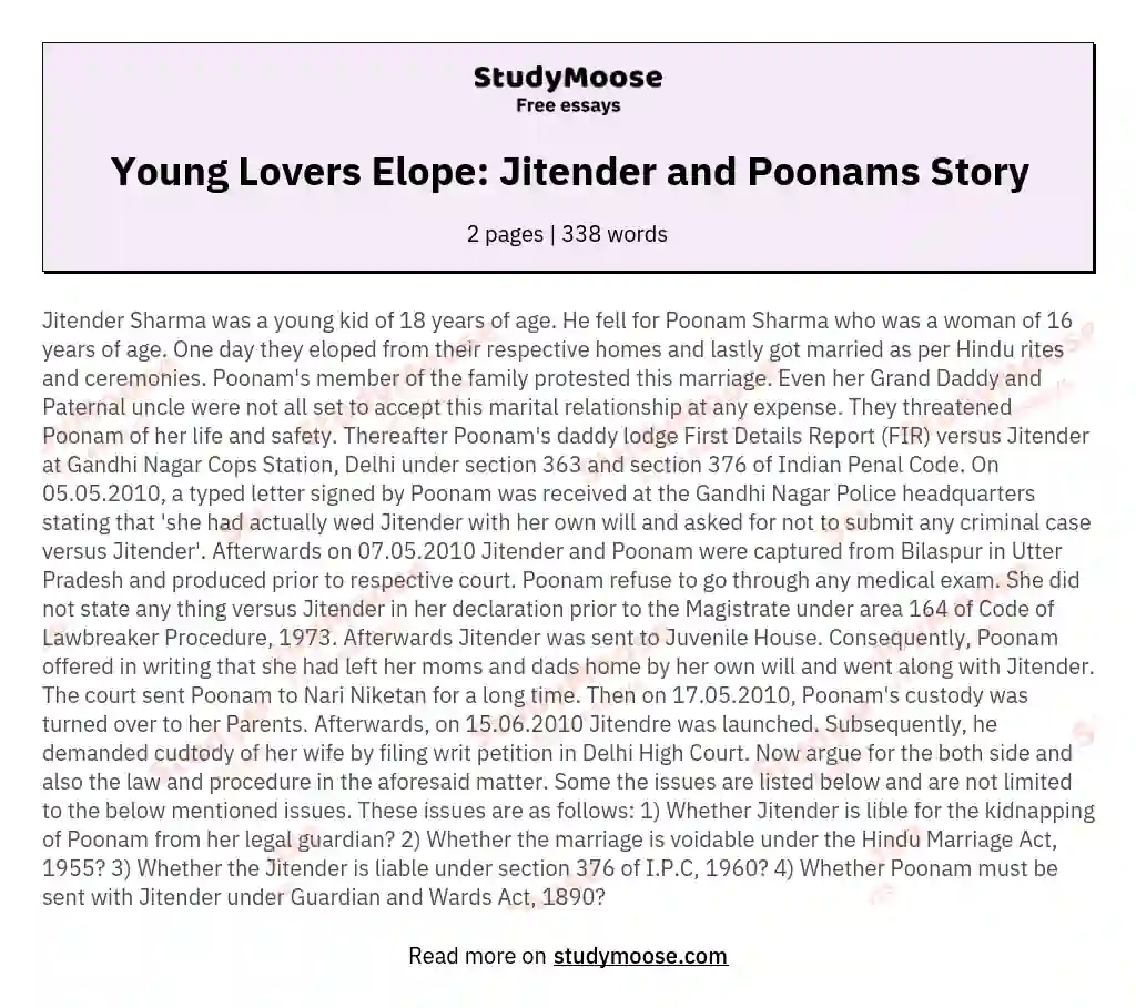 Young Lovers Elope: Jitender and Poonams Story essay