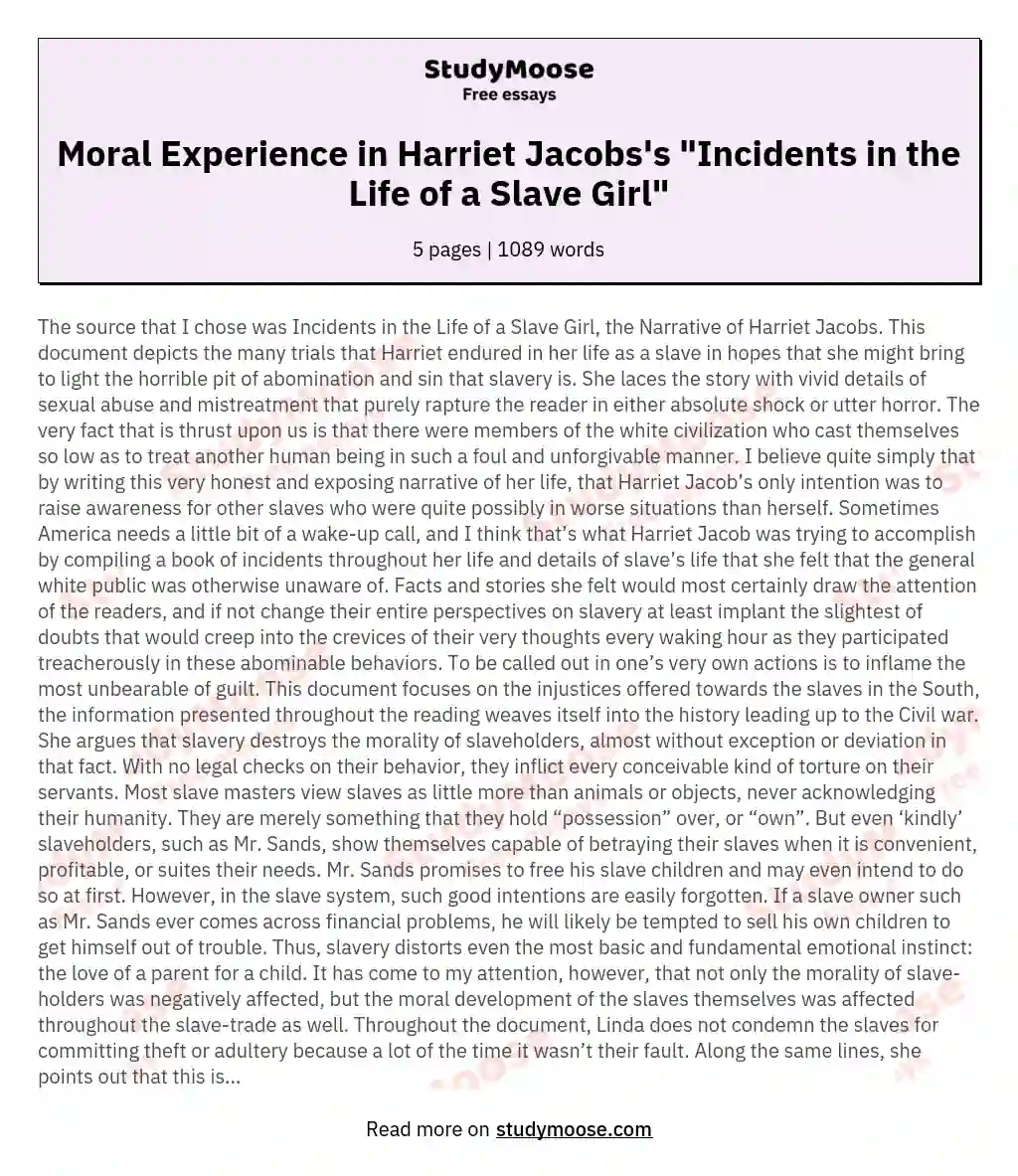 Moral Experience in Harriet Jacobs's "Incidents in the Life of a Slave Girl"