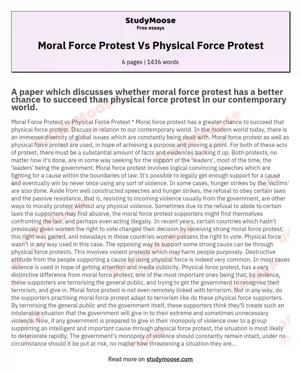 Moral Force Protest Vs Physical Force Protest essay
