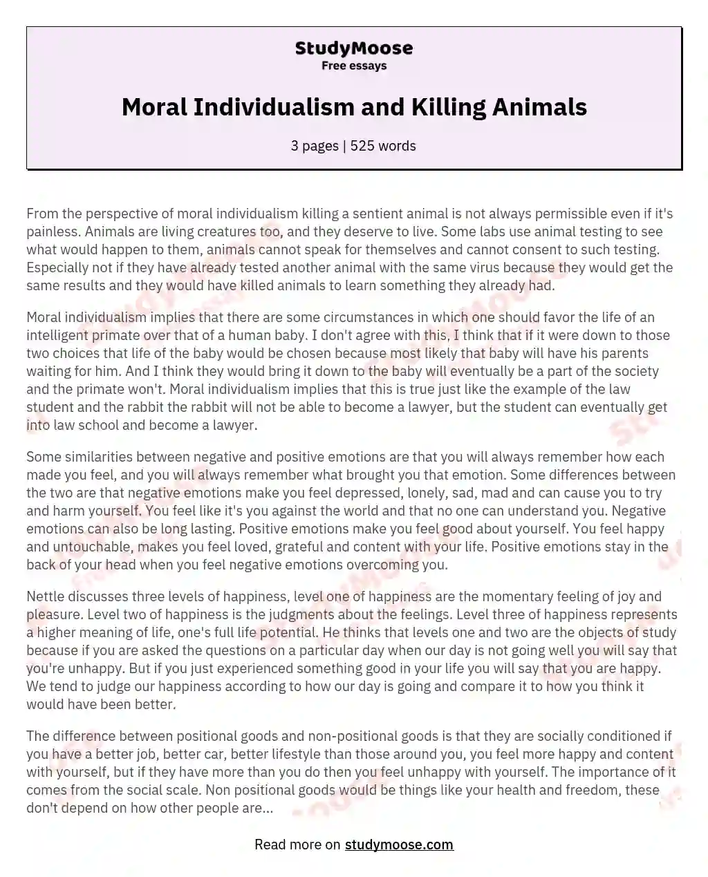 Moral Individualism and Killing Animals essay