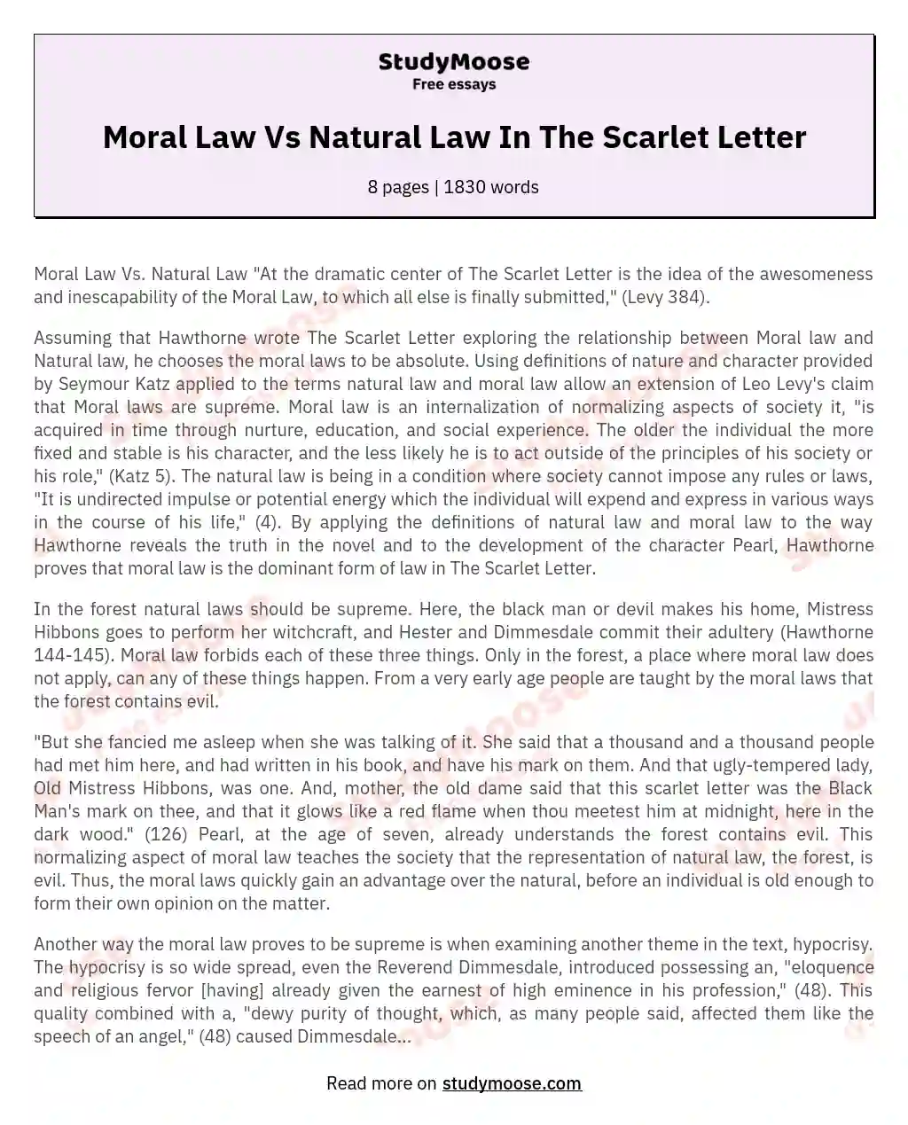 Moral Law Vs Natural Law In The Scarlet Letter essay