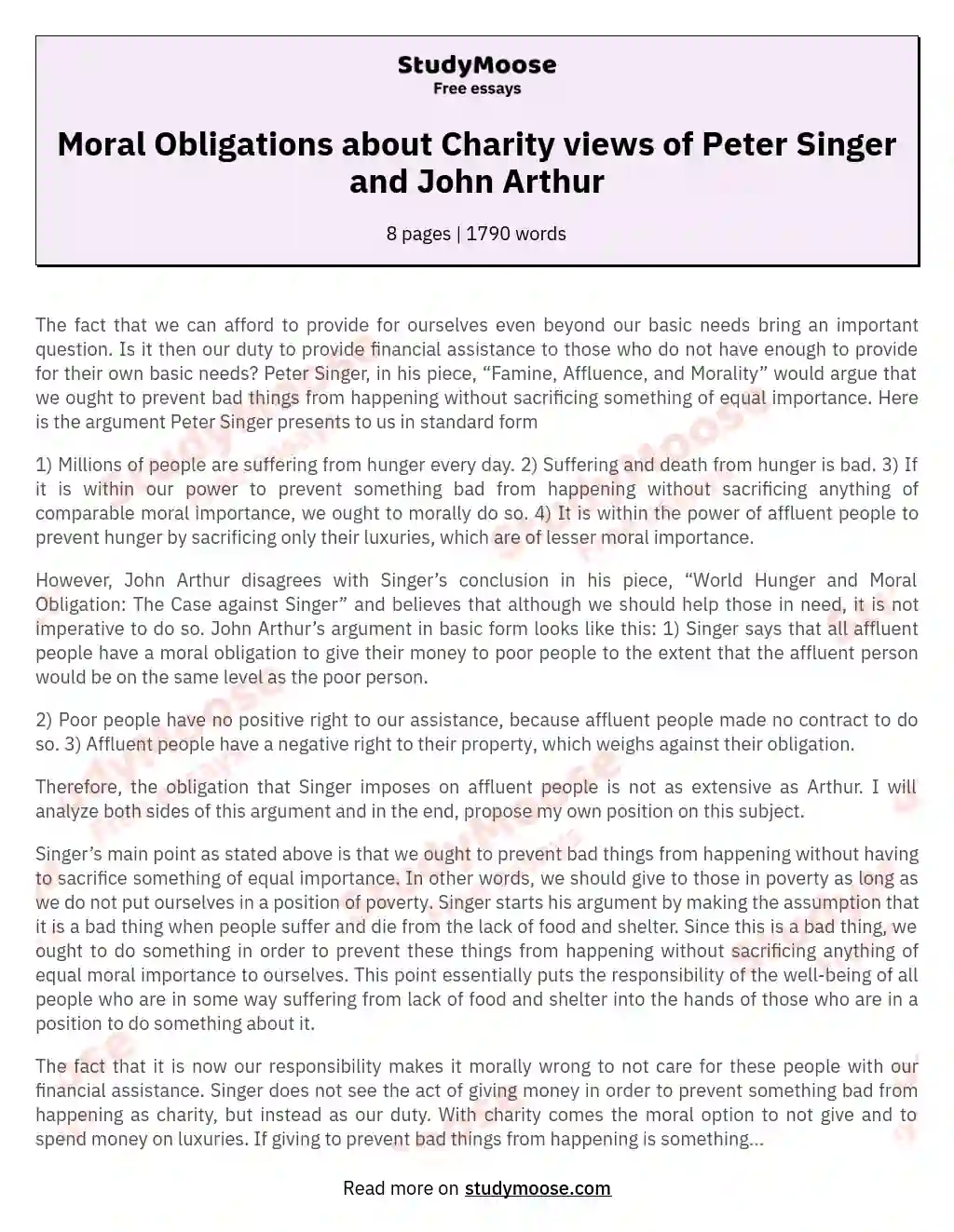 Moral Obligations about Charity views of Peter Singer and John Arthur