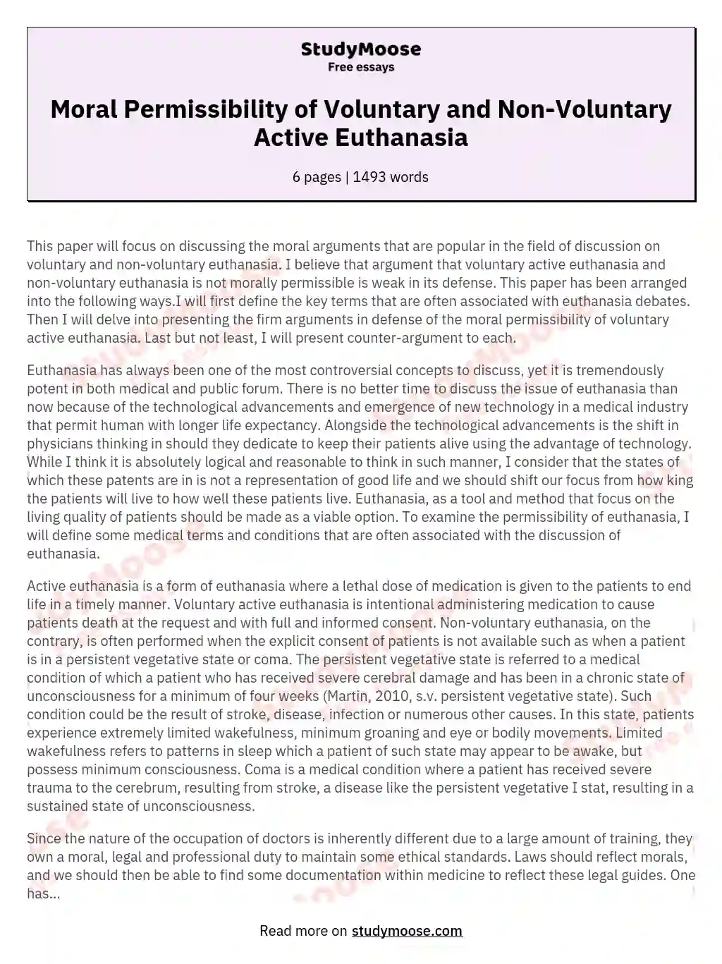 Moral Permissibility of Voluntary and Non-Voluntary Active Euthanasia
