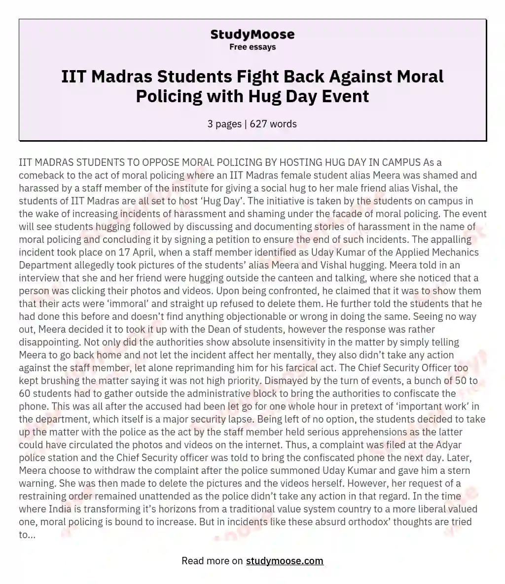 IIT Madras Students Fight Back Against Moral Policing with Hug Day Event essay