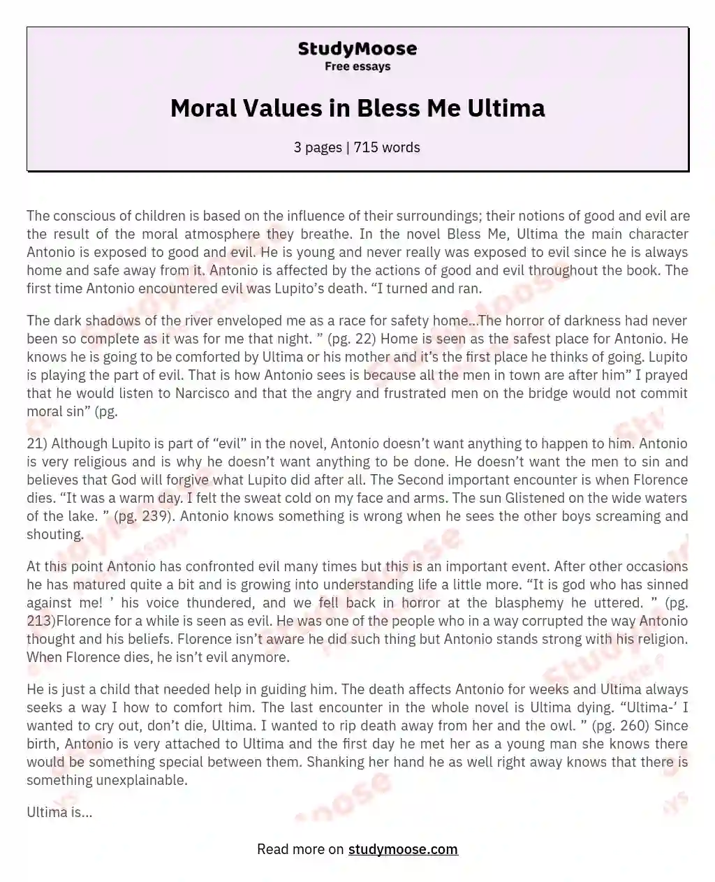 Moral Values in Bless Me Ultima essay