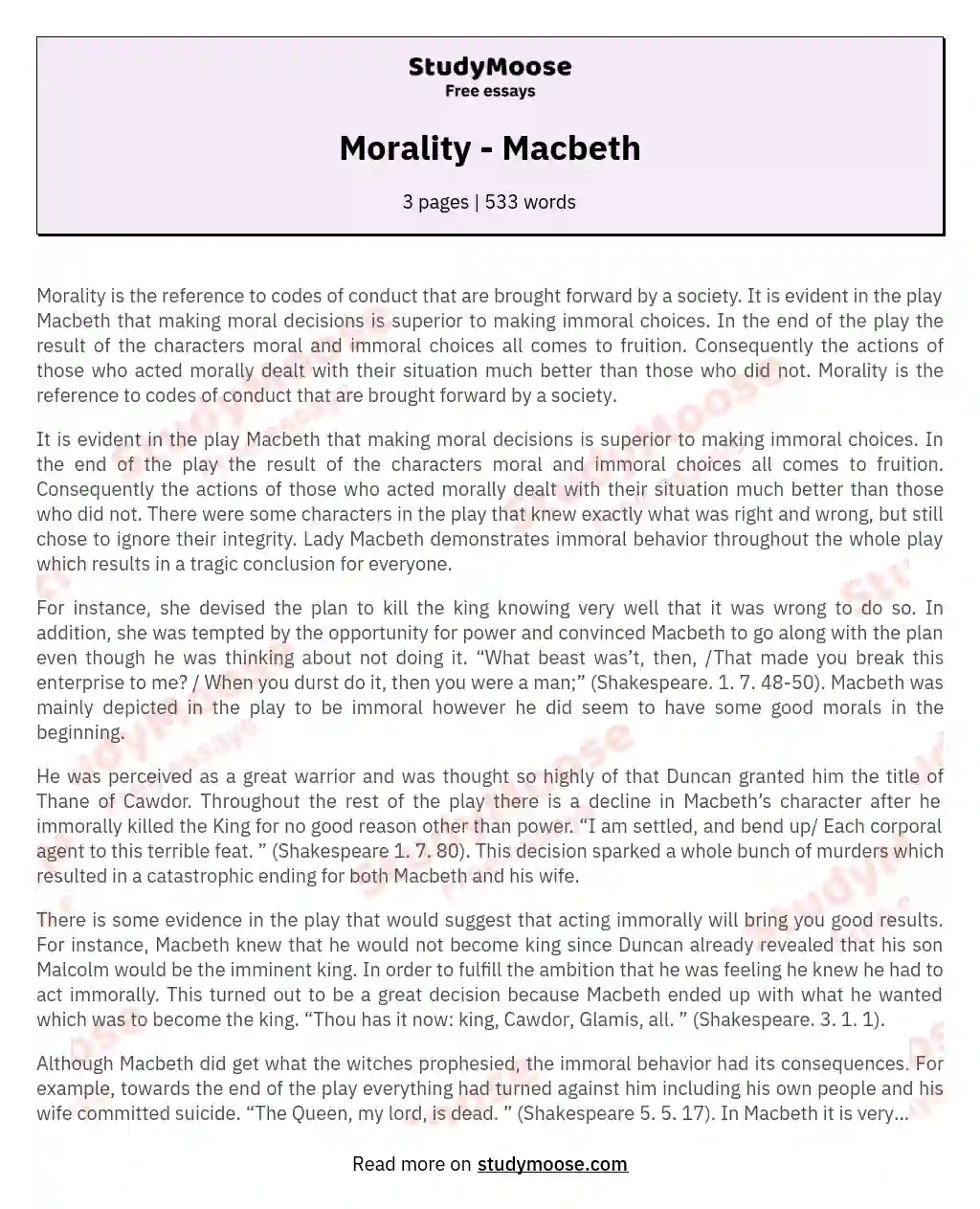 Morality - Macbeth essay