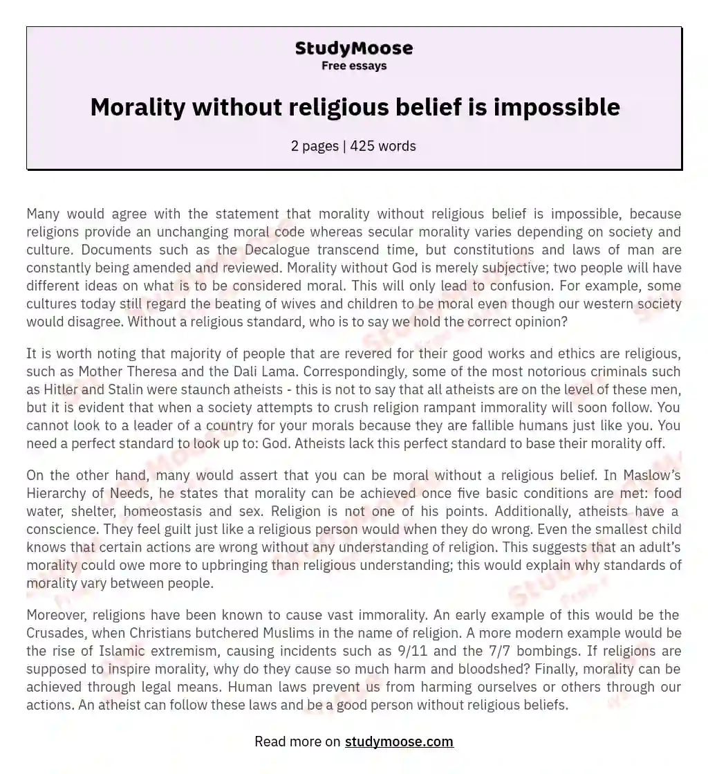 Morality without religious belief is impossible essay