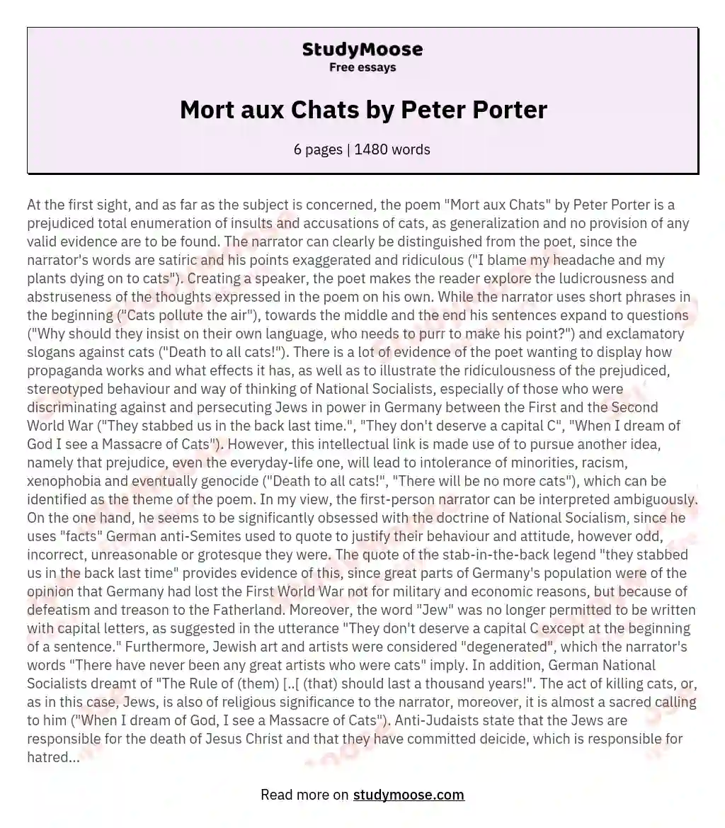 Mort aux Chats by Peter Porter essay