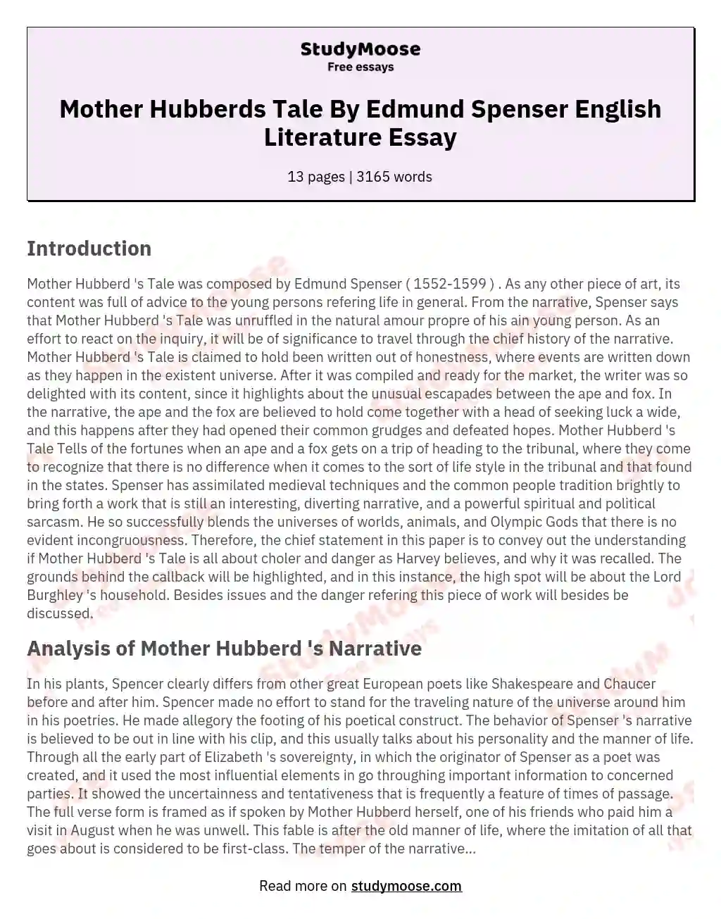 Mother Hubberds Tale By Edmund Spenser English Literature Essay essay