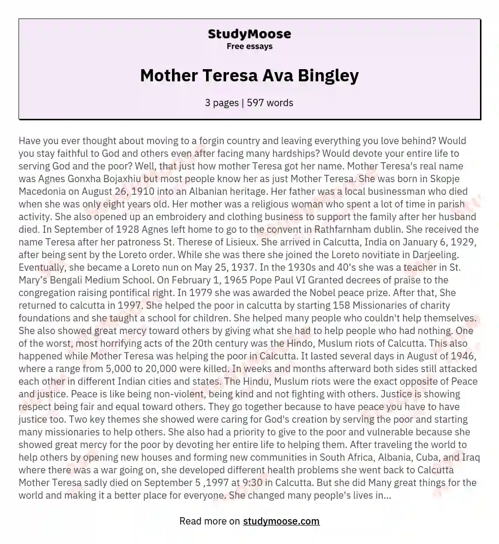 Mother Teresa  Ava Bingley essay