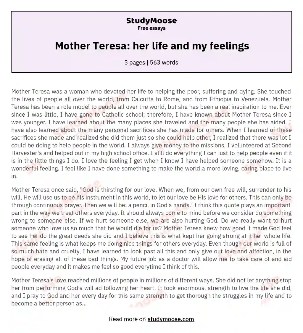 Mother Teresa: her life and my feelings essay