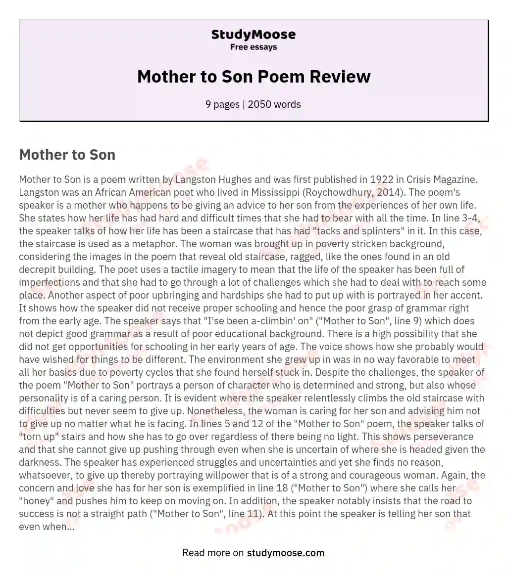 theme of the poem mother to son by langston hughes