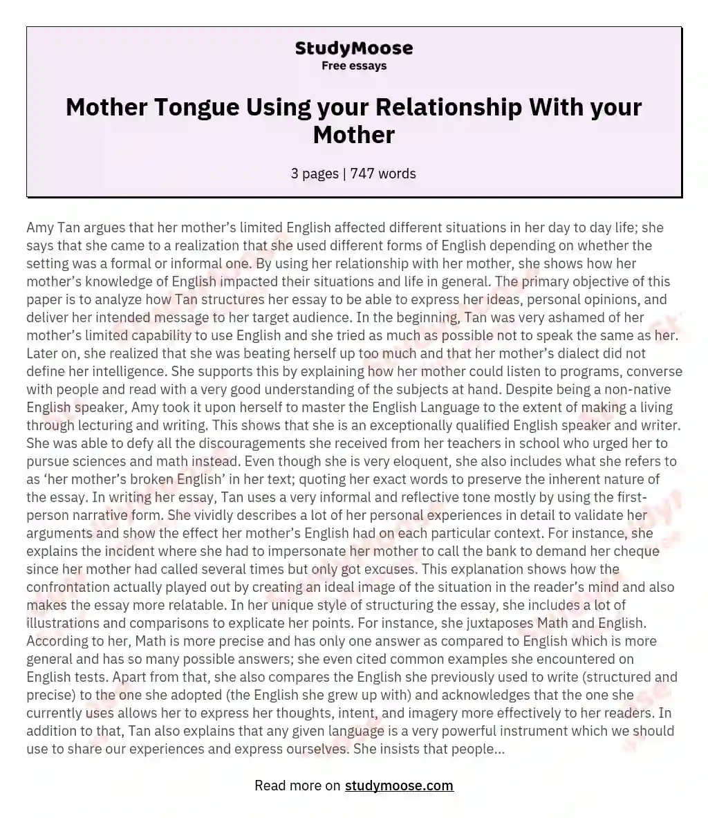 Mother Tongue Using your Relationship With your Mother essay