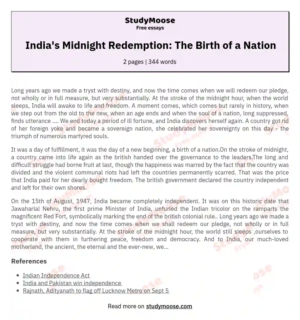 India's Midnight Redemption: The Birth of a Nation essay
