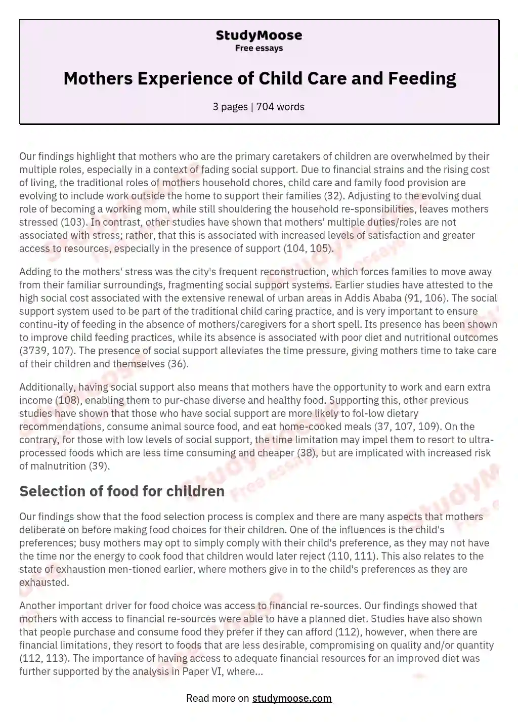 Mothers Experience of Child Care and Feeding essay