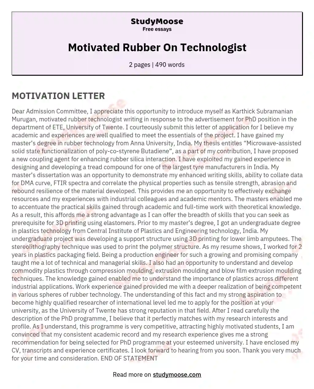 Motivated Rubber On Technologist essay