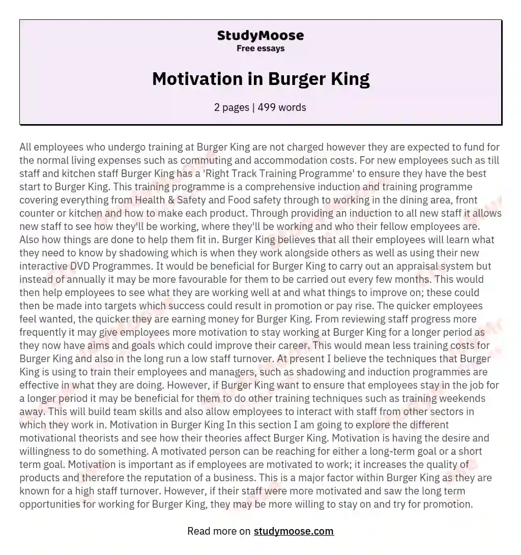 Motivation in Burger King essay