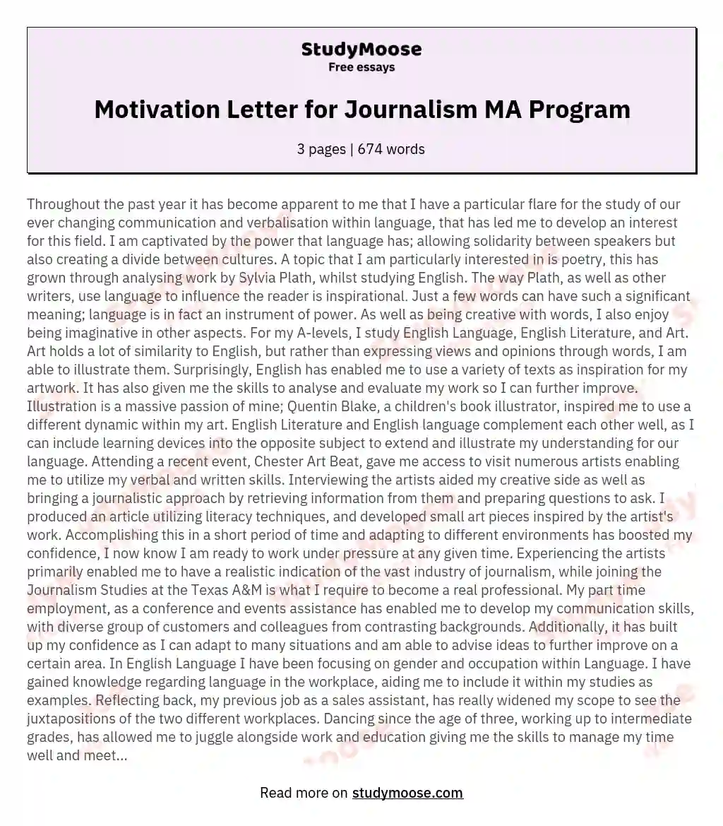 Motivation Letter for Journalism MA Program