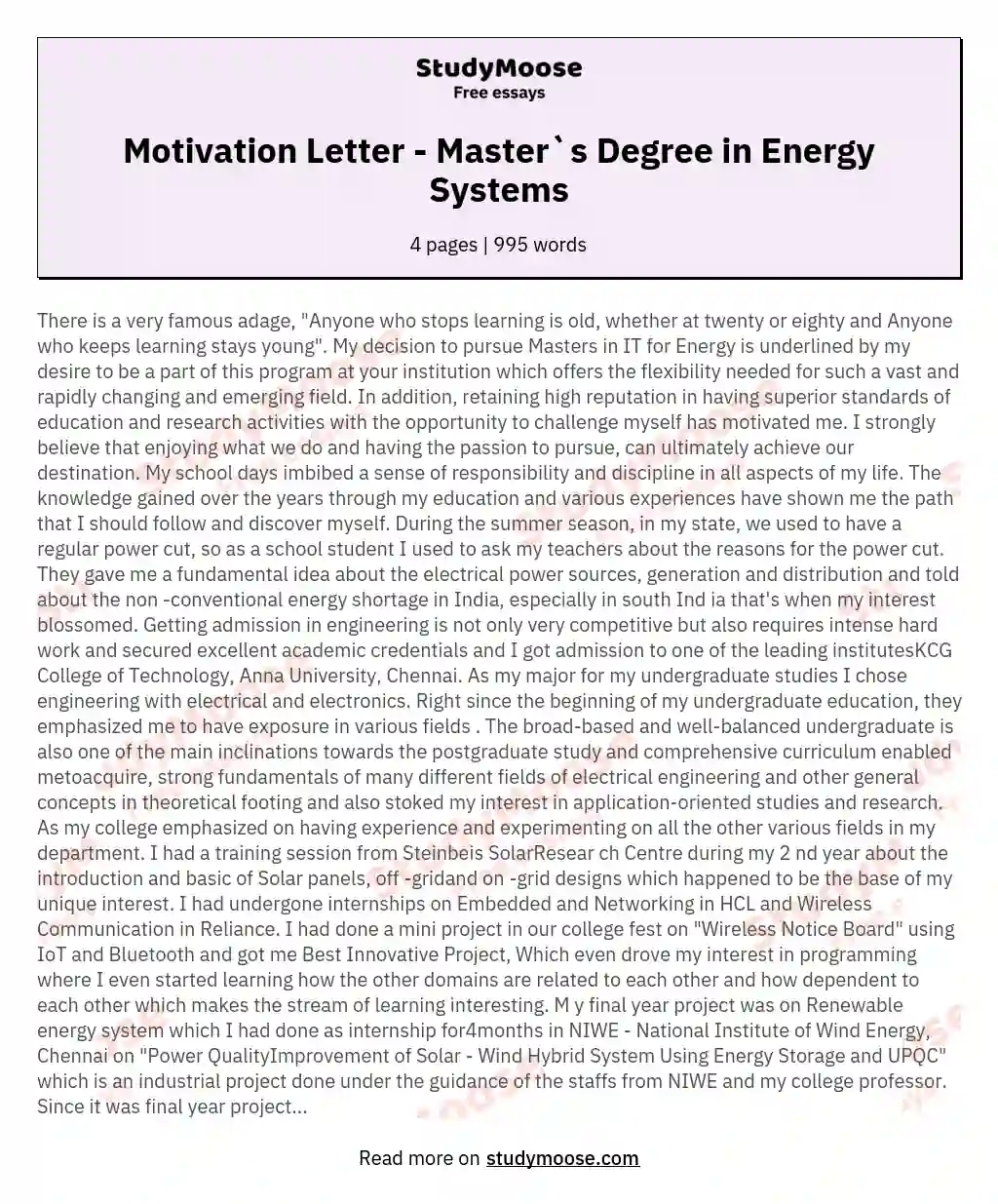 Motivation Letter - Master`s Degree in Energy Systems essay