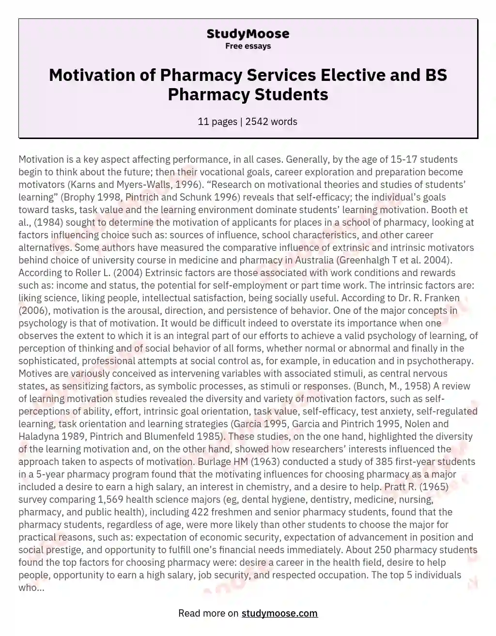 Motivation of Pharmacy Services Elective and BS Pharmacy Students essay